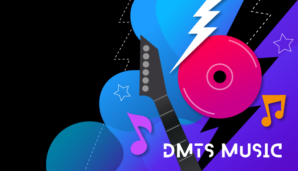 Notas musicales, guitarra y disco.