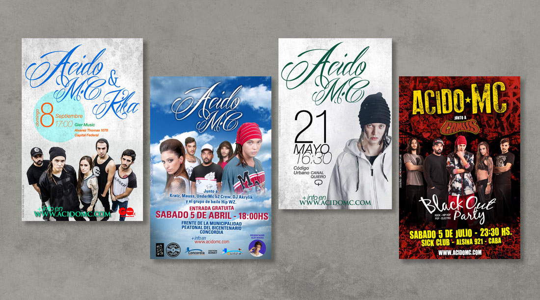 Diseño de flyers para shows en vivo de Acido Mc.