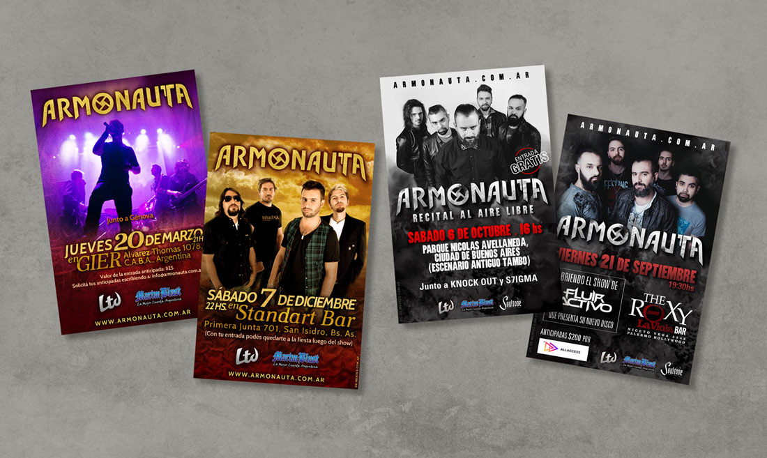 Diseño de flyers para shows en vivo de Armonauta.