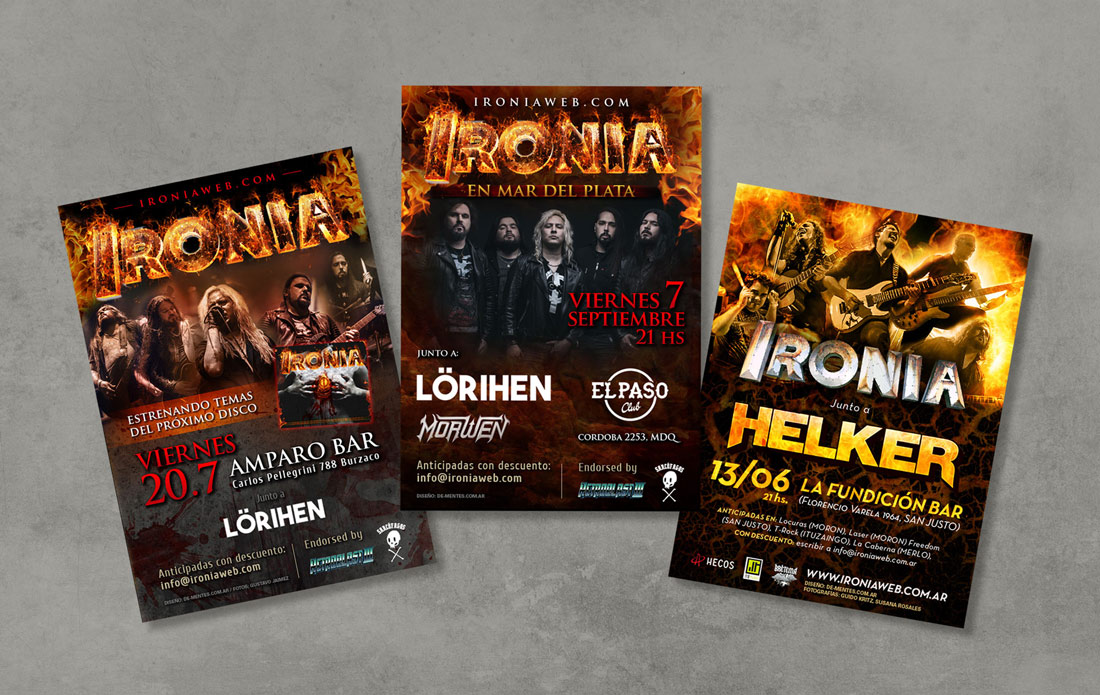 Diseño de flyers para shows en vivo de Ironía.