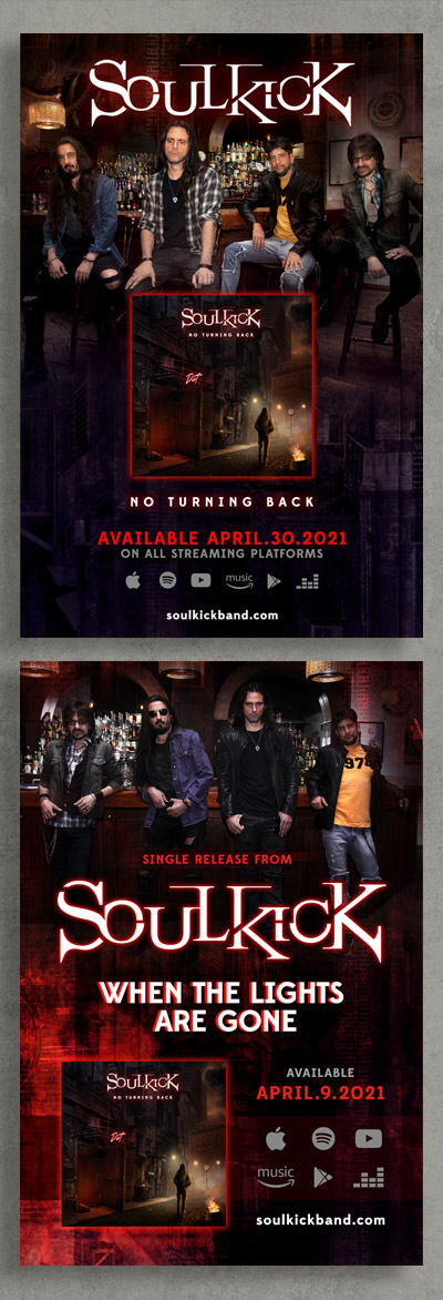 Diseño de flyers para lanzamiento de single y disco de Soulkick.